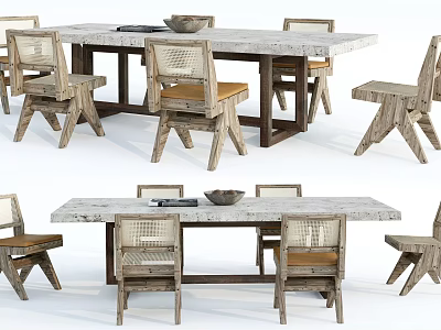 Modern Dining Table Set With Marble Top And Woven Back Wooden Chairs 3d model