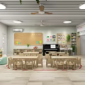 Kindergarten Classroom Interior With Wooden Tables Chairs Piano Green Plants And Toys
