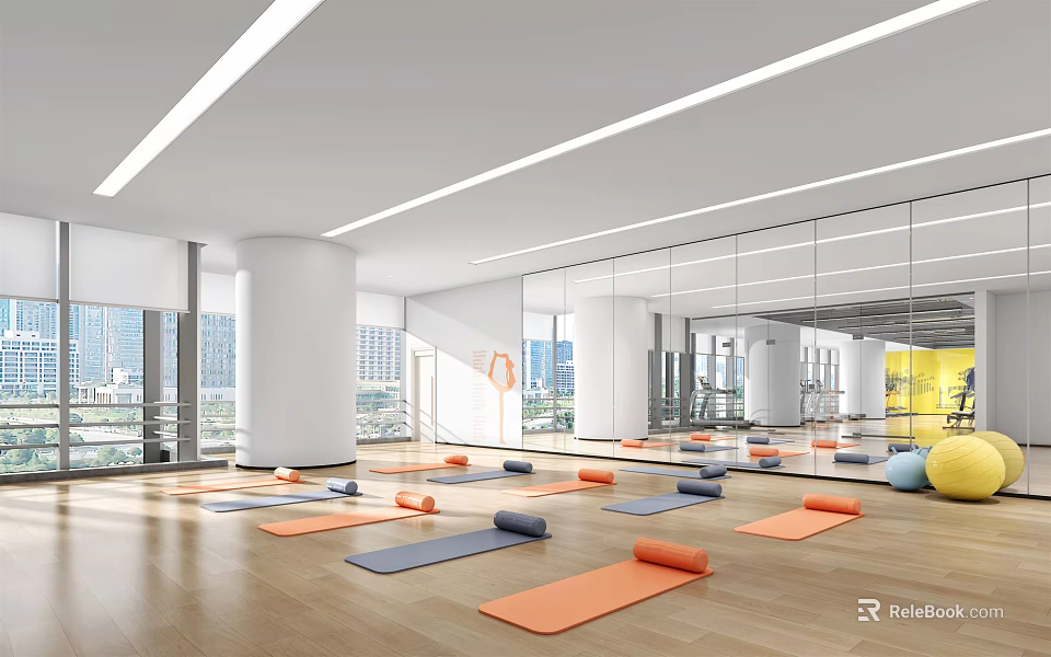 Spacious Fitness Studio With Yoga Mats Exercise Balls Mirror Walls And City View Through Windows 3d model 