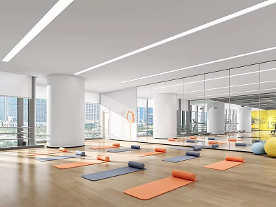 Spacious Fitness Studio With Yoga Mats Exercise Balls Mirror Walls And City View Through Windows 3d model