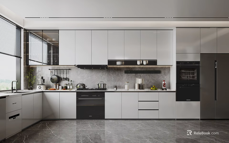 Modern Kitchen Interior With White Cabinets Black Appliances And Gray Marble Flooring 3d model 