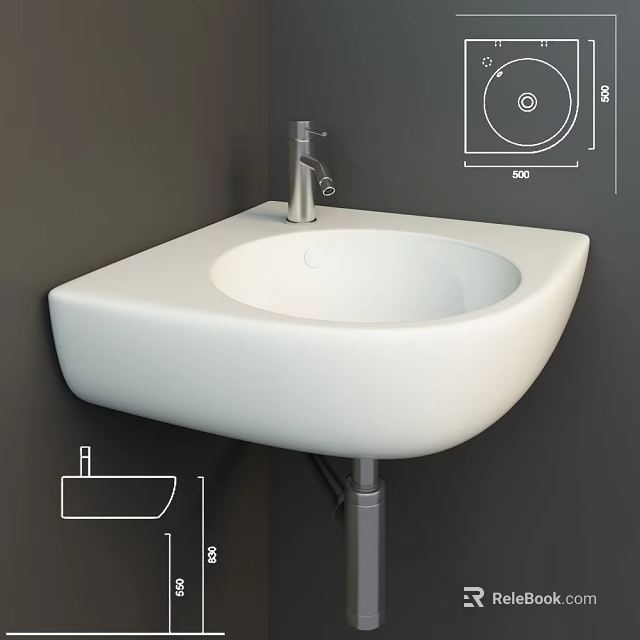 Modern White Ceramic Washbasin With Chrome Faucet And Dimension Drawings 3d model 