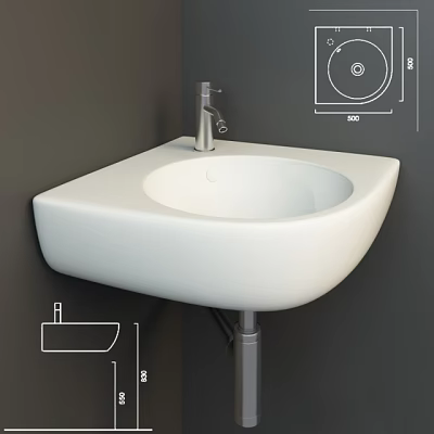 Modern White Ceramic Washbasin With Chrome Faucet And Dimension Drawings 3d model