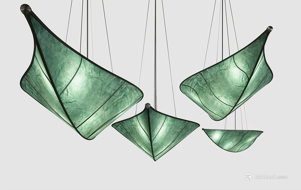 Green Modern Pendant Lights With Unique Leaf Shaped Design Hanging In Interior 3d model 