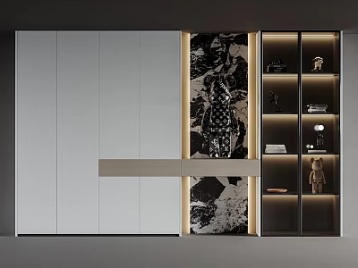 Modern Bookcase Design With White Cabinet Doors Dark Open Shelves And Decorative Items 3d model