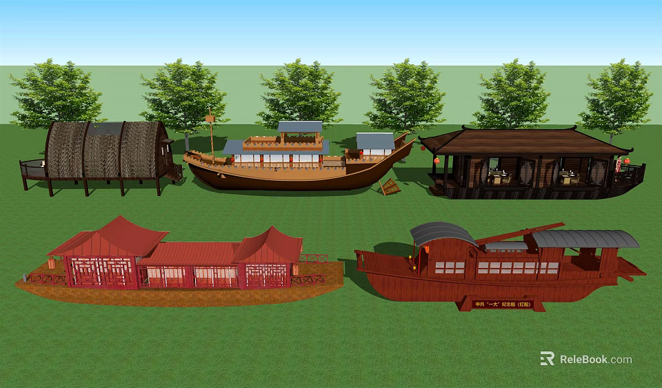Traditional Chinese Boats And Ancient Buildings With Red Roofs On Green Grass 3d model 
