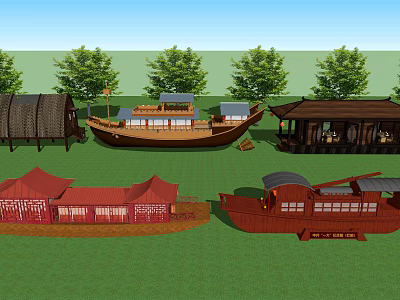 Traditional Chinese Boats And Ancient Buildings With Red Roofs On Green Grass 3d model