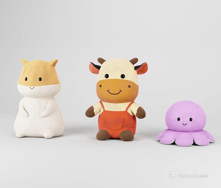 Adorable Plush Stuffed Toys Collection Featuring Beige White Hamster Brown Cow And Purple Octopus 3d model 