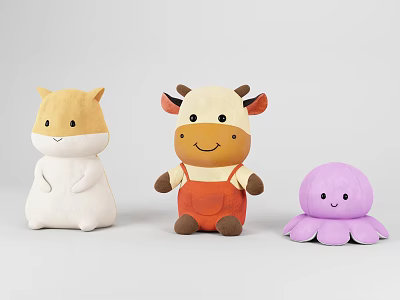Adorable Plush Stuffed Toys Collection Featuring Beige White Hamster Brown Cow And Purple Octopus 3d model
