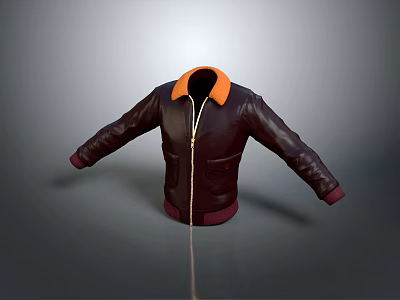 Stylish Dark Leather Jacket With Orange Collar And Zipper Design 3d model