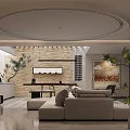 Modern Basement Living Space With Open Layout Sofa Bookshelves And Decorative Plants