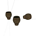 Decorative Set of Three Brown Ceramic Vessels with Gold Engraved Patterns and Smooth Surface