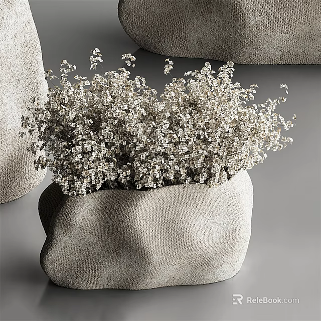 Textured Gray Vase With White Baby's Breath Flowers For Modern Home Decorative Interior 3d model 