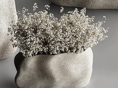 Textured Gray Vase With White Baby's Breath Flowers For Modern Home Decorative Interior 3d model