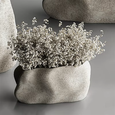 Textured Gray Vase With White Baby's Breath Flowers For Modern Home Decorative Interior 3d model