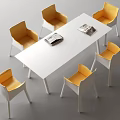 Modern White Conference Table with Six Yellow Chairs and Magazines on Top