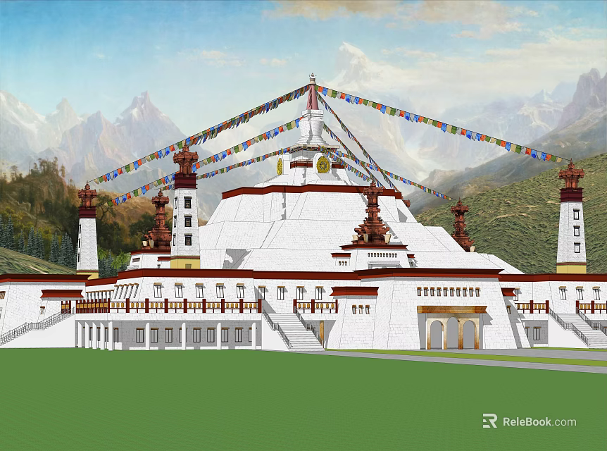 Ancient Tibetan Stupa Architecture with Colorful Prayer Flags Mountain Backdrop and Green Lawn 3d model 