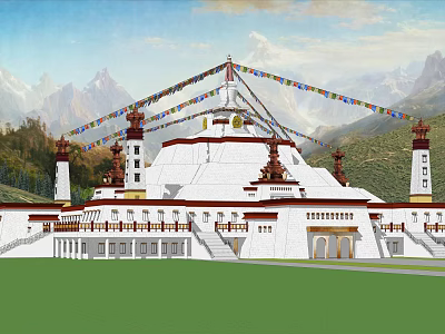 Ancient Tibetan Stupa Architecture with Colorful Prayer Flags Mountain Backdrop and Green Lawn 3d model
