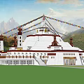 Ancient Tibetan Stupa Architecture with Colorful Prayer Flags Mountain Backdrop and Green Lawn