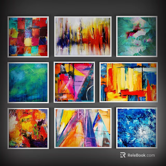 Collection of Colorful Abstract Paintings with Vibrant Brushstrokes and Geometric Patterns 3d model 