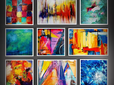 Collection of Colorful Abstract Paintings with Vibrant Brushstrokes and Geometric Patterns 3d model