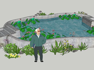 Serene Garden Water Feature With Lily Pads Pond Surrounding Greenery And Stone Steps 3d model