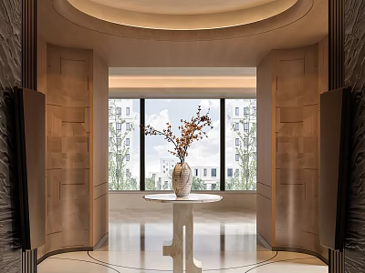 Modern Foyer Hallway With Circular Ceiling White Table Vase And Windows 3d model