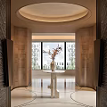 Modern Foyer Hallway With Circular Ceiling White Table Vase And Windows