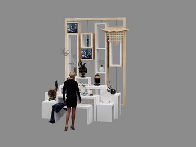 Modern Wooden Frame Display Cabinet With White Platforms And Decorative Items In Exhibition Space 3d model