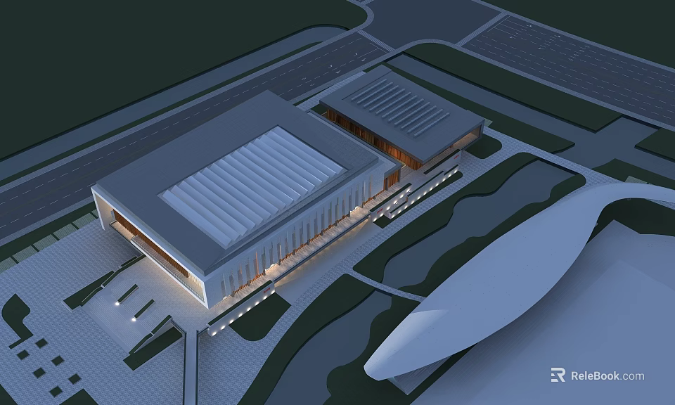 Modern Commercial Building Exterior With Swing Doors Glass Facade And Green Landscaping 3d model 