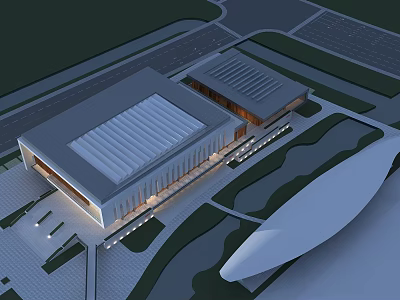 Modern Commercial Building Exterior With Swing Doors Glass Facade And Green Landscaping 3d model