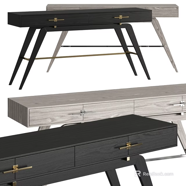 Modern Black And Wooden Dining Table With Drawers And Gold Handles 3d model 