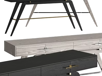 Modern Black And Wooden Dining Table With Drawers And Gold Handles 3d model