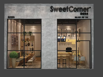 Cozy SweetCorner Milk Tea Shop Featuring Glass Windows Green Plants And Seating 3d model