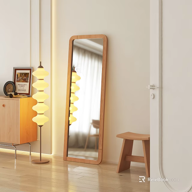 Modern Wooden Frame Mirror In Minimalist Interior With Floor Lamp And Stool Decor 3d model 