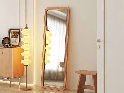 Modern Wooden Frame Mirror In Minimalist Interior With Floor Lamp And Stool Decor 3d model