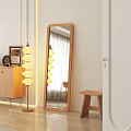 Modern Wooden Frame Mirror In Minimalist Interior With Floor Lamp And Stool Decor