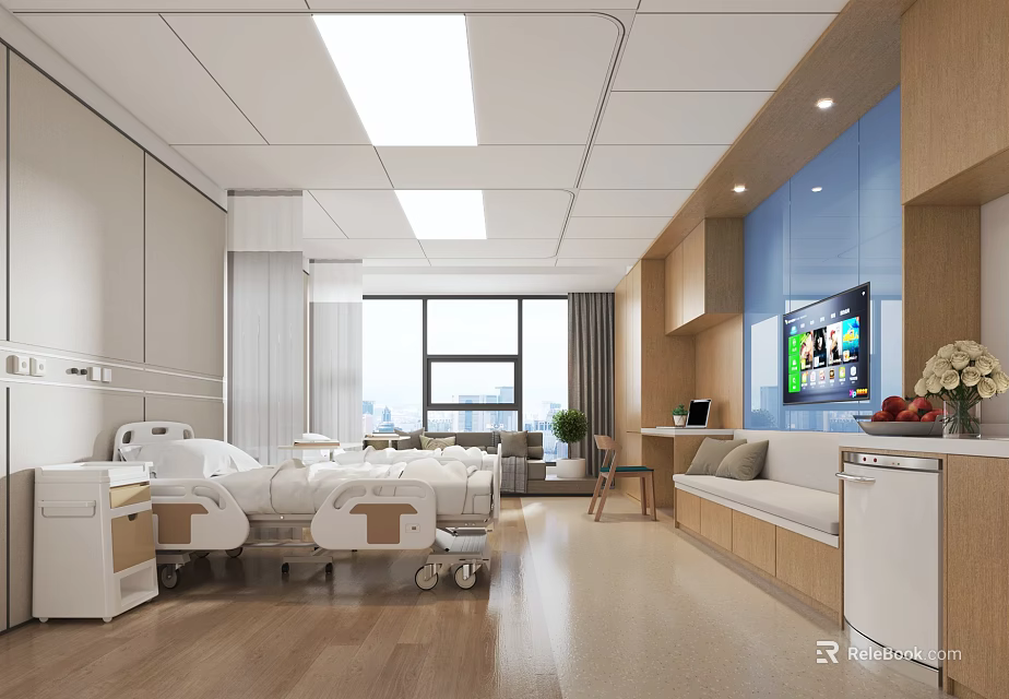 Modern Hospital Outpatient Ward Interior With Beds TV And Furniture 3d model 
