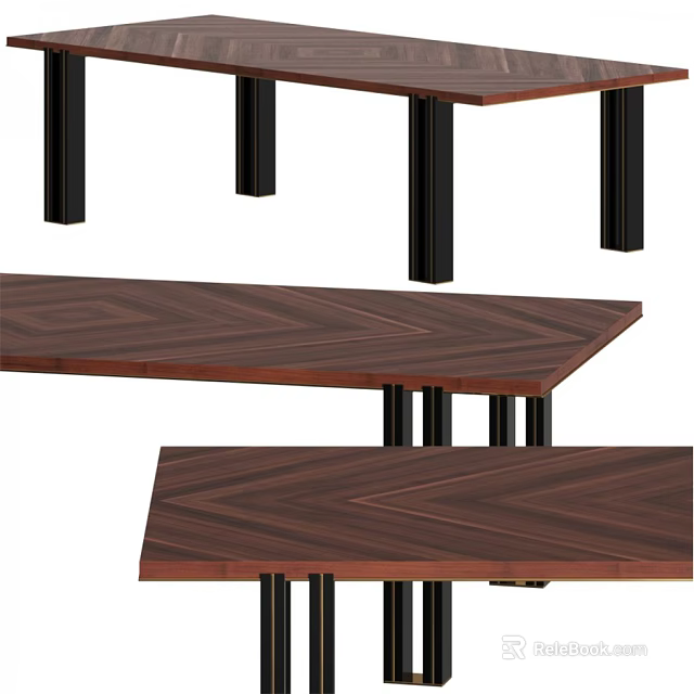 Modern Style Dining Table With Dark Brown Herringbone Pattern Top And Black Metal Legs 3d model 