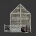 Traditional Thatched Roof Wooden Shed With Three Connected Sections Barrels And Wooden Cart