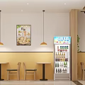 Modern Restaurant Interior With Menu Board Bread Display Shelf Wooden Counter And White Tile Walls