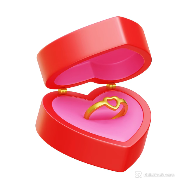 Jewelry Ornament Set in Open Red Heart Box with Pink Interior and Gold Heart Ring 3d model 