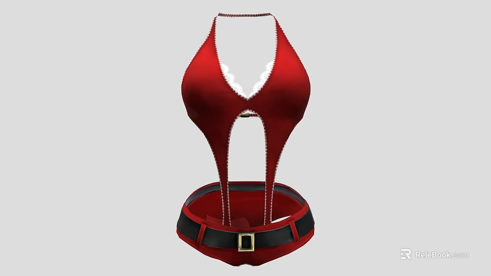 Stylish Red Halter Dress With Front Zipper And Black Belt Design 3d model 