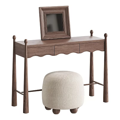 Elegant Retro Solid Wood Dressing Table With Plush Round Stool And Classic Framed Makeup Mirror 3d model