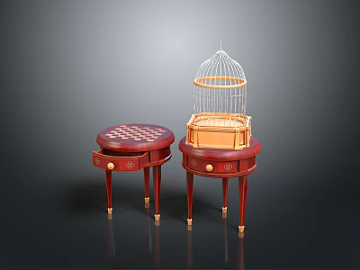 Antique Red Side Tables With Checkerboard Top Carved Details Gold Legs And Decorative Birdcage 3d model