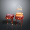 Antique Red Side Tables With Checkerboard Top Carved Details Gold Legs And Decorative Birdcage