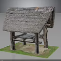 Traditional Thatched Roof Hut With Wooden Pillars On Grass And Sand Base