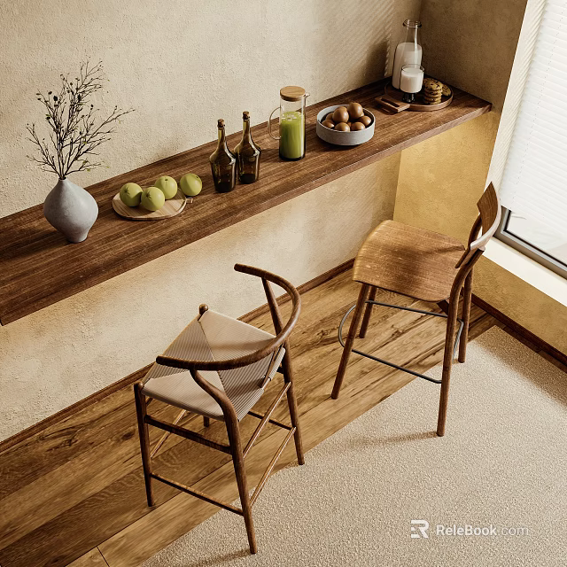 Wooden Bar Stools By Wooden Counter With Fruit Bowls Vase And Window Light 3d model 