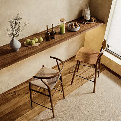 Wooden Bar Stools By Wooden Counter With Fruit Bowls Vase And Window Light 3d model