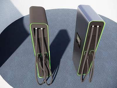 Two Black Silver Charging Stations With Green Accent Strips And Connected Cables On Blue Platform 3d model